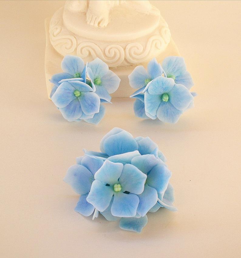 polymer clay Hydrangeas jewelry Light Blue Clay Hydrangeas Silver 925 jewelry set - earrings and broach, women gift, floral jewelry set,Hydrangea earrings, Hydrangea broach