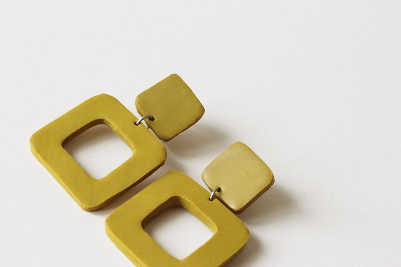 Mustard Yellow Square Polymer Clay Earrings Handmade Polymer Clay Jewellery