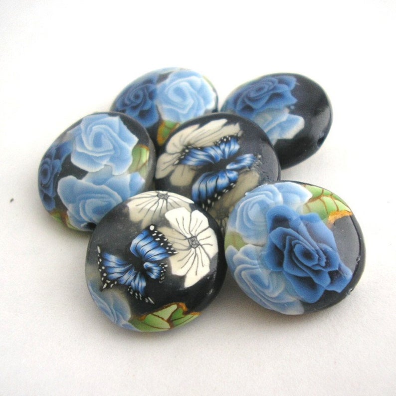 Navy Blue Rose Beads, Polymer Clay Beads, Lentil Beads, Winterflower