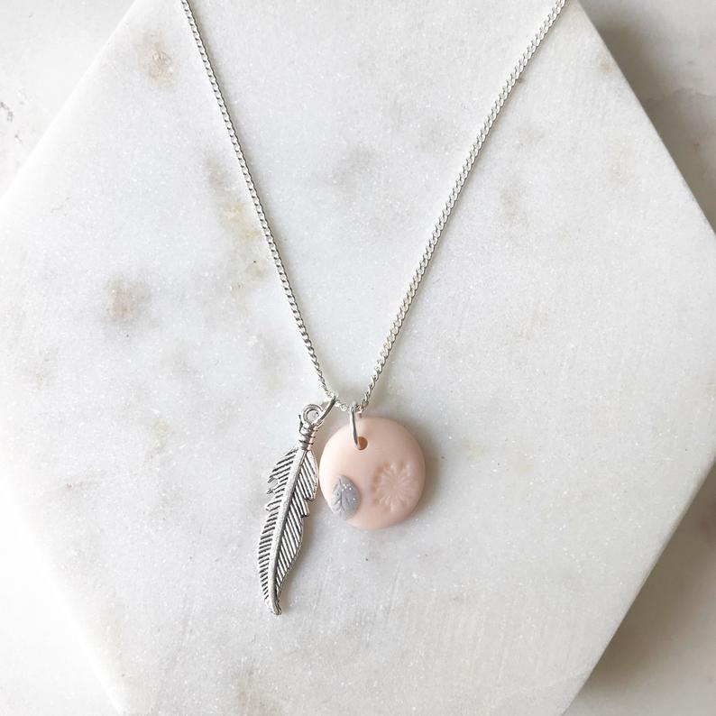 Peach silver grey chain grey leaf charm necklace , botanical clay leaf necklace