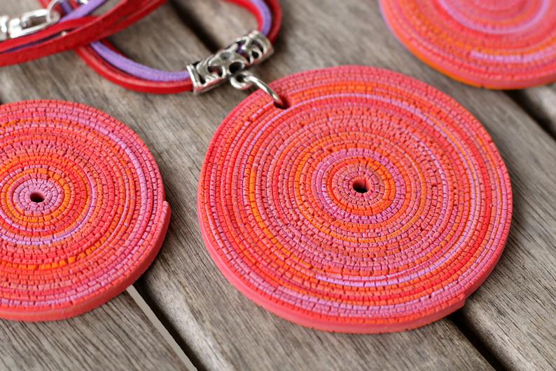 Necklace with large round statement pendant, polymer clay handmade jewelry, unique gift for mother