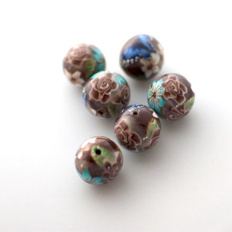 Polymer Clay Beads, Round Brown Rose Beads, Turquoise Flower Beads