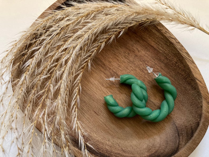 Polymer Clay Hoop Earrings - Modern Statement Earrings Jade Green Clay Earrings