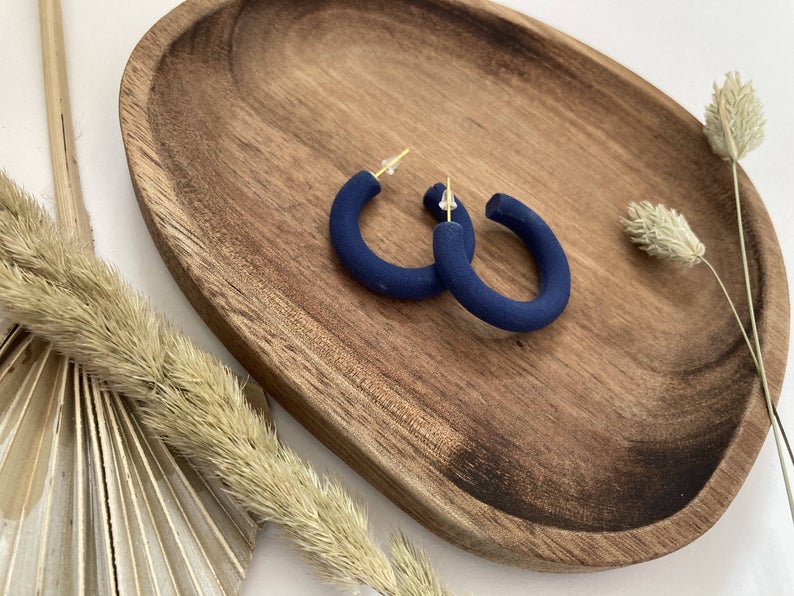 Polymer Clay Hoop Earrings - Modern Statement Earrings Navy Clay Earrings