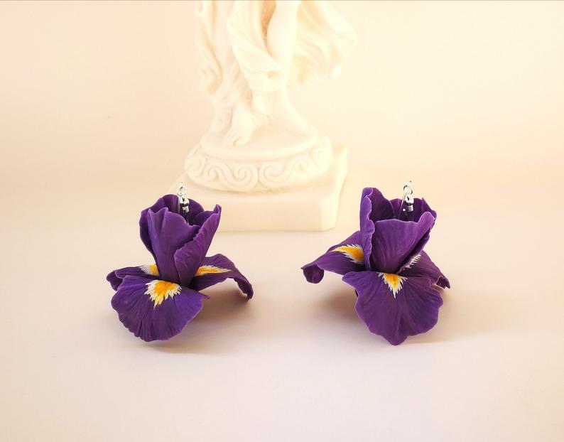 polymer clay Iris earrings- Purple Iris earrings - Cold porcelain with Silver accessories,women gift,occasion earrings,women accessories,flower earrings,iris