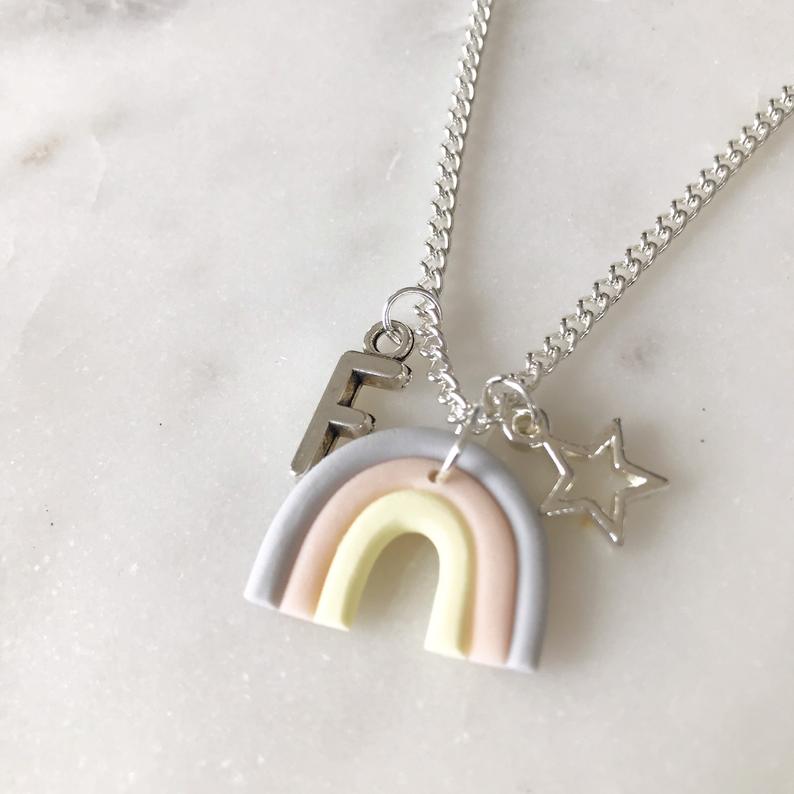  Polymer clay rainbow necklace, Rainbow necklace jewellery, Yellow mix, Children’s kids girls charm chain personalised necklace, rainbow star initial charms