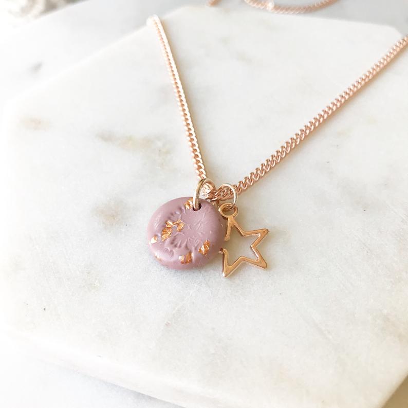 Rose gold chain charm necklace ,botanical clay leaf necklace 