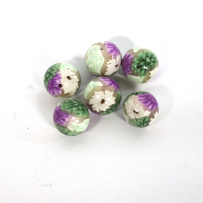Polymer Clay Beads, Round Beads, Purple Dahlia, Green Carnation, White Daisy,