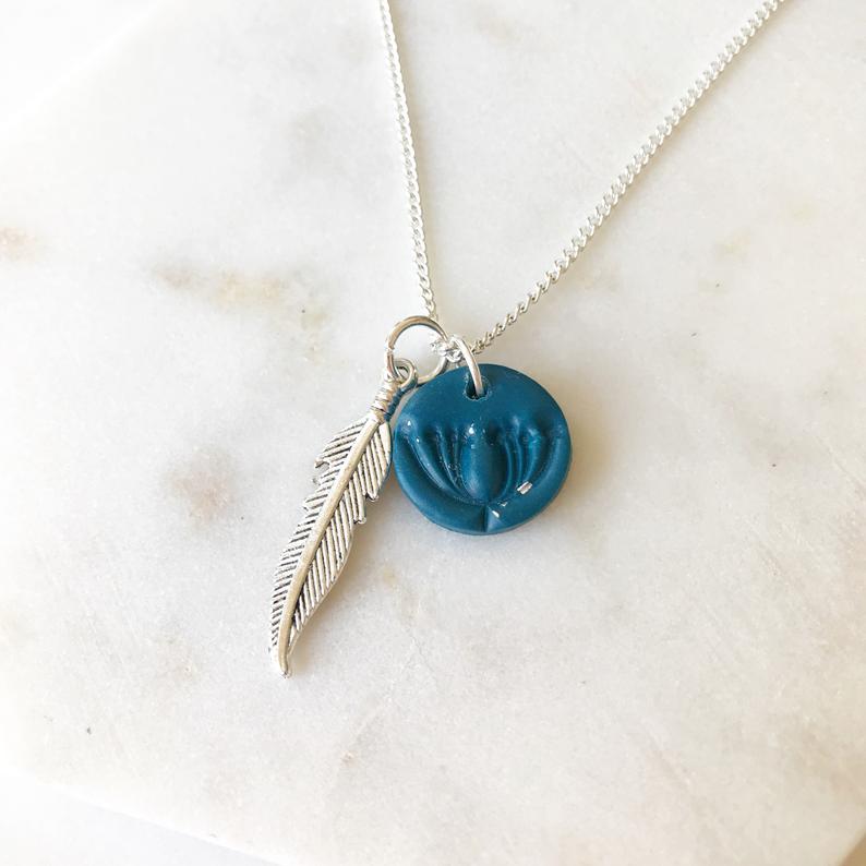 Silver midnight blue chain charm necklace, botanical clay leaf necklace
