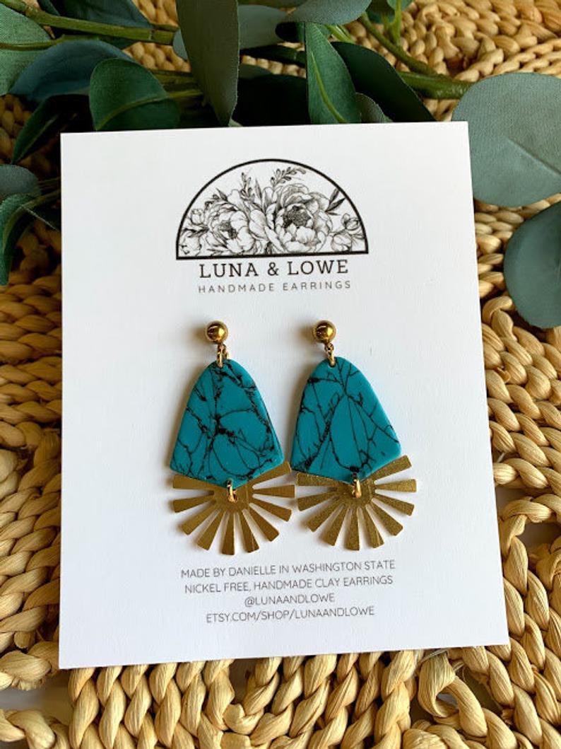 Turquoise Howlite Sunburst Brass Charm Raindrop Earrings Handmade Clay Modern Bohemian Geometric Art Deco Statement Minimalist