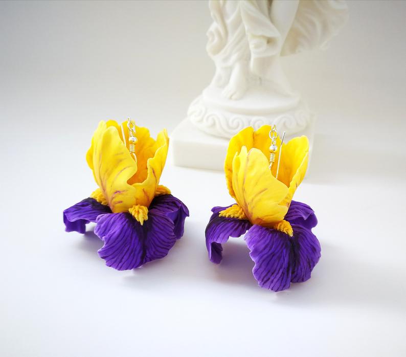 Yellow Purple Iris earrings - Cold porcelain with Silver accessories,women gift,occasion earrings,women accessories,flower earrings,iris