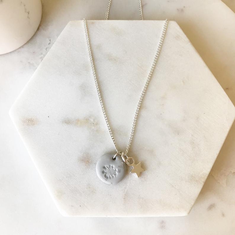 silver chain grey leaf charm necklace, botanical clay leaf necklace