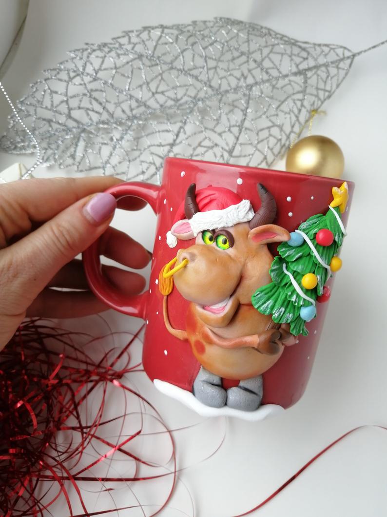 cup with polymer clay decor, mug dekor, christmas, mug ceramic hadmade, mug handmadepersonalized gift,beautiful present, cute,home decor 