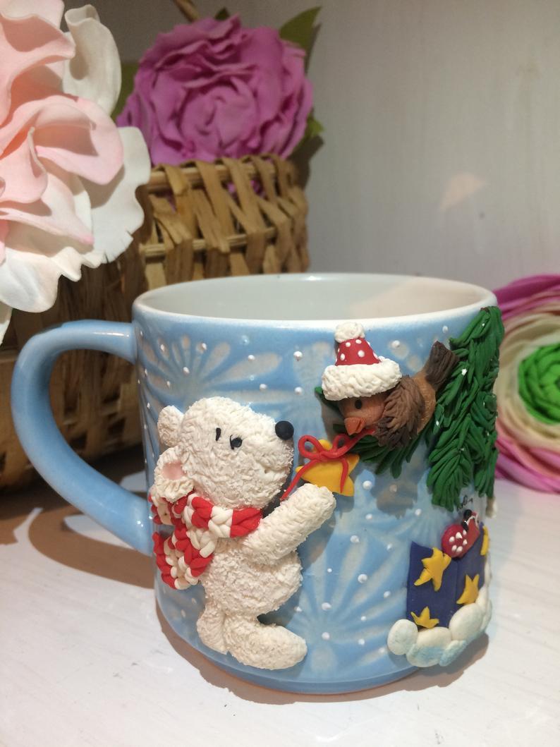 cup with polymer clay decor, mug dekor, christmas, mug ceramic hadmade, mug handmade,personalized,beautiful present, cute mug,home decor 