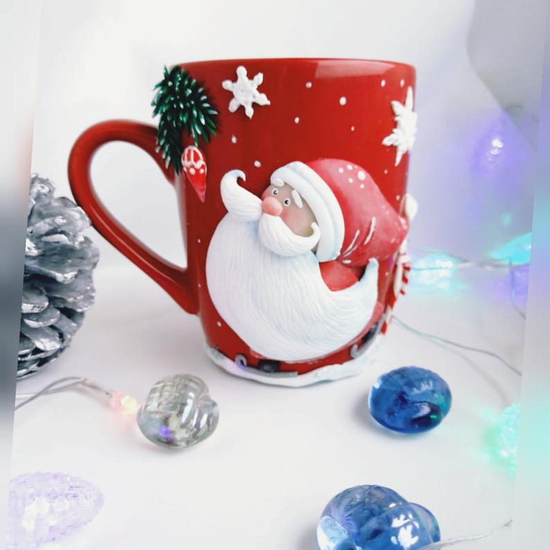 cup with polymer clay decor, mug dekor, christmas, mug ceramic hadmade, mug handmade,personalized,beautiful present, cute mug,home decor , Handmade Christmas gifts