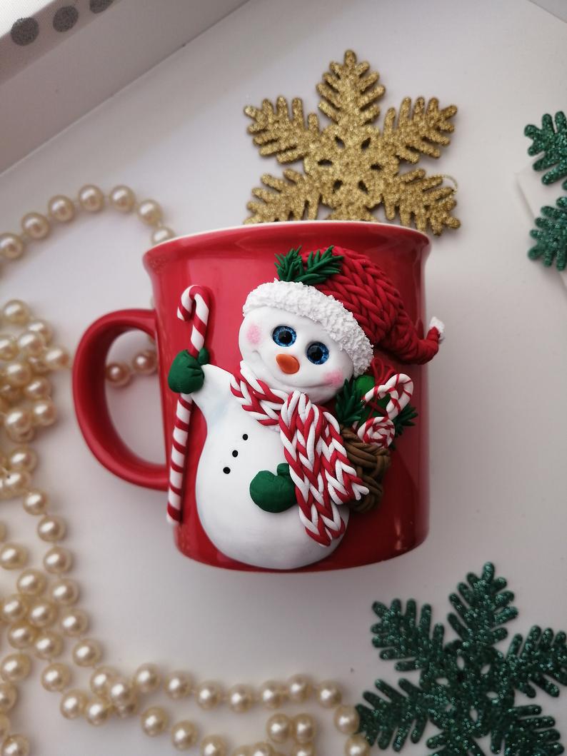 cup with polymer clay decor, white mug, Christmas, beautiful tableware, home decor, personalized, beautiful present, cute mug