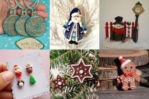 Six polymer clay Christmas projects: vintage ornaments, a Santa ornament, a snowman scene, Christmas stud earrings, gingerbread stars and a gingerbread brooch