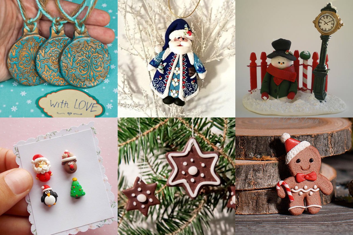 Six polymer clay Christmas projects: vintage ornaments, a Santa ornament, a snowman scene, Christmas stud earrings, gingerbread stars and a gingerbread brooch